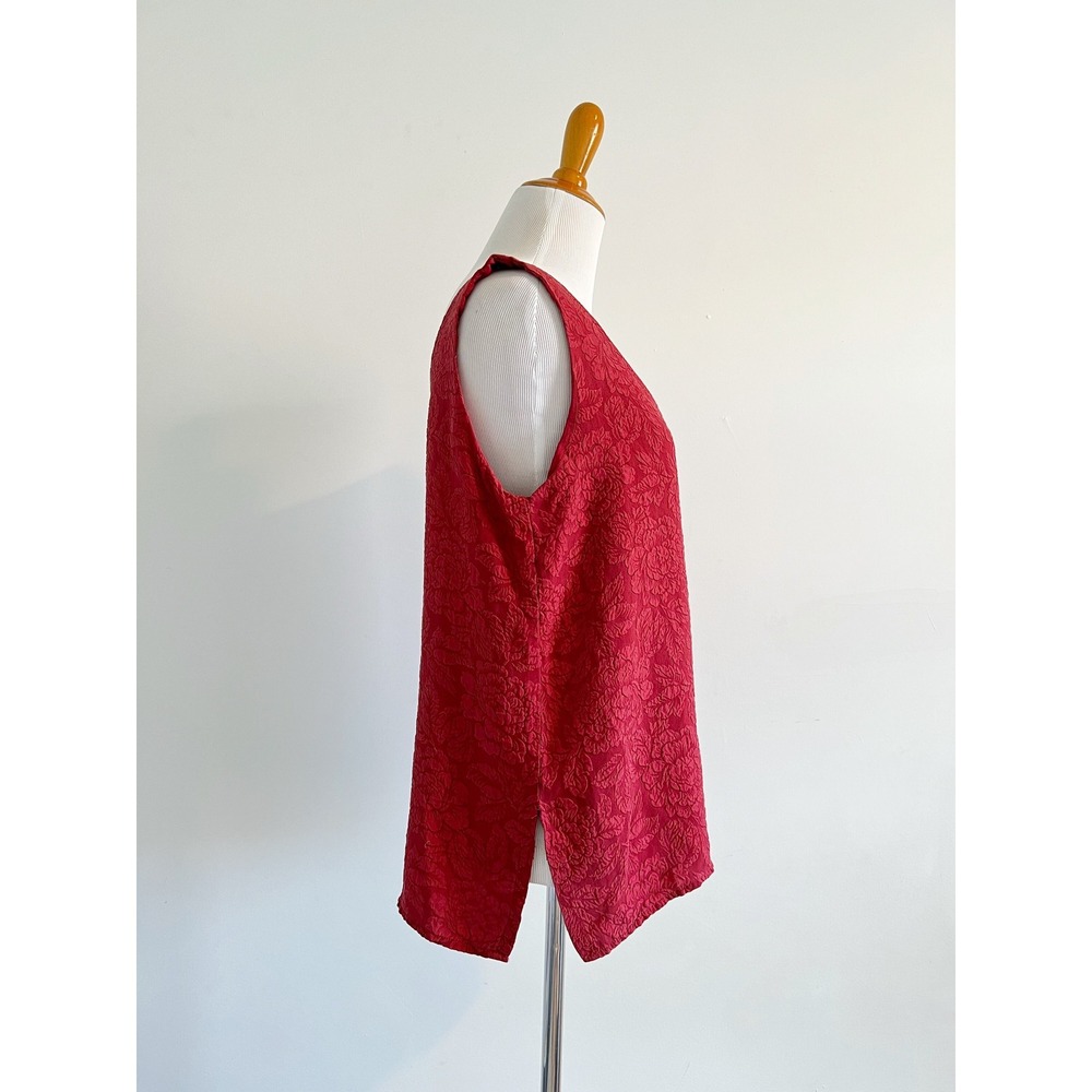 Vintage Red Silk Floral Textured Tank Top Jacquard Washed Silk Sleeveless Blouse - Picture 4 of 11